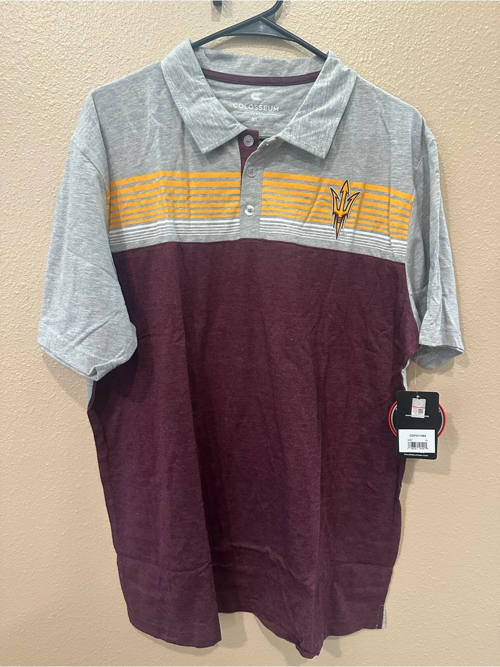 Colosseum Men's Arizona State Sun Devils Maroon and Gray Polo with Yellow Stripe